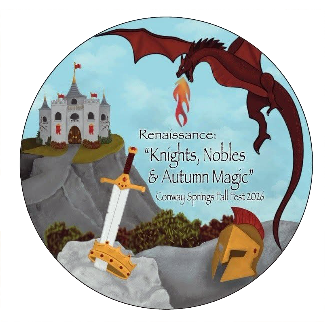 The 2026 Fall Fest button: a castle, dragon, sword and helm, lettered Renaissance: Knights, Nobles and Autumn Magic