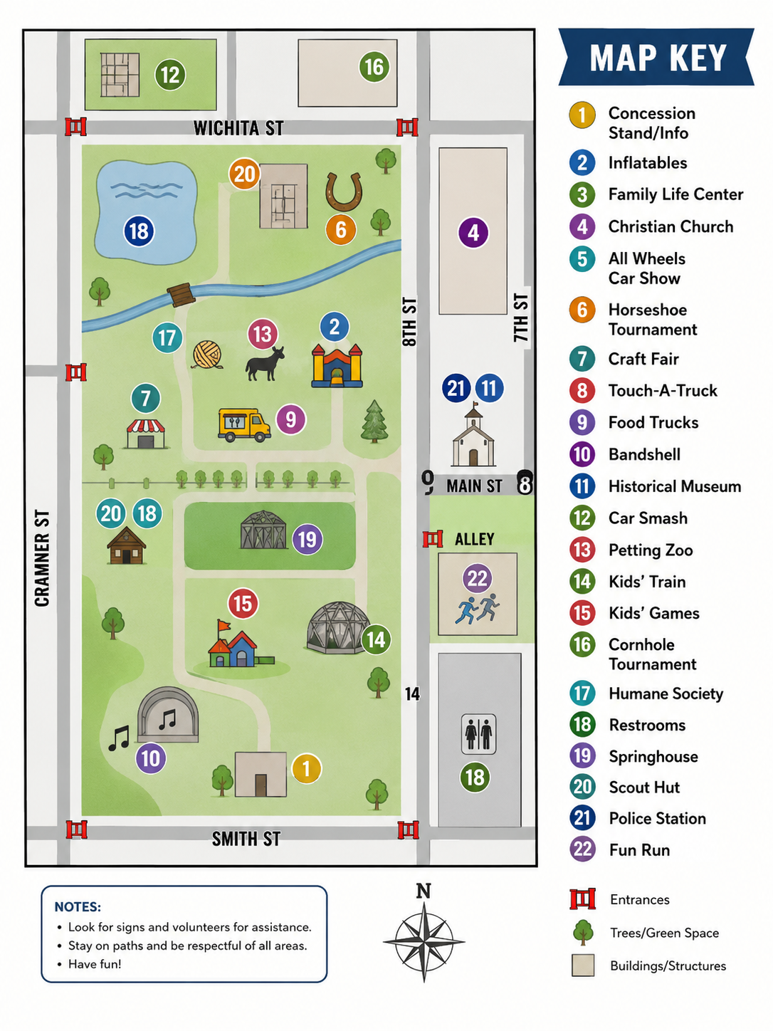 Numbered map of the Conway Springs Fall Festival grounds showing 22 keyed locations