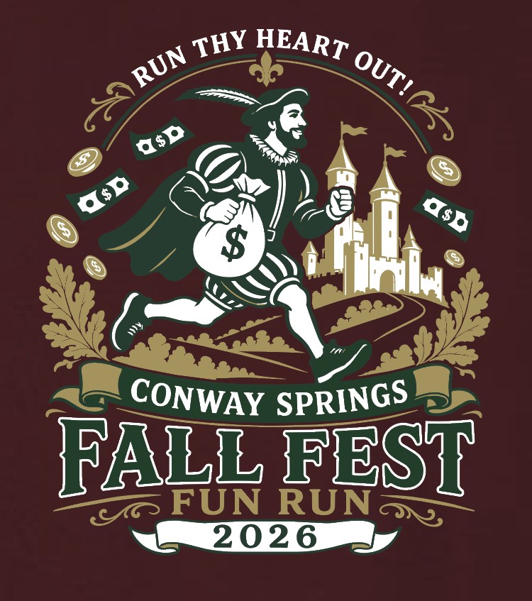 2026 Fun Run shirt design: a running figure in renaissance dress carrying a money bag past a castle, lettered Run Thy Heart Out