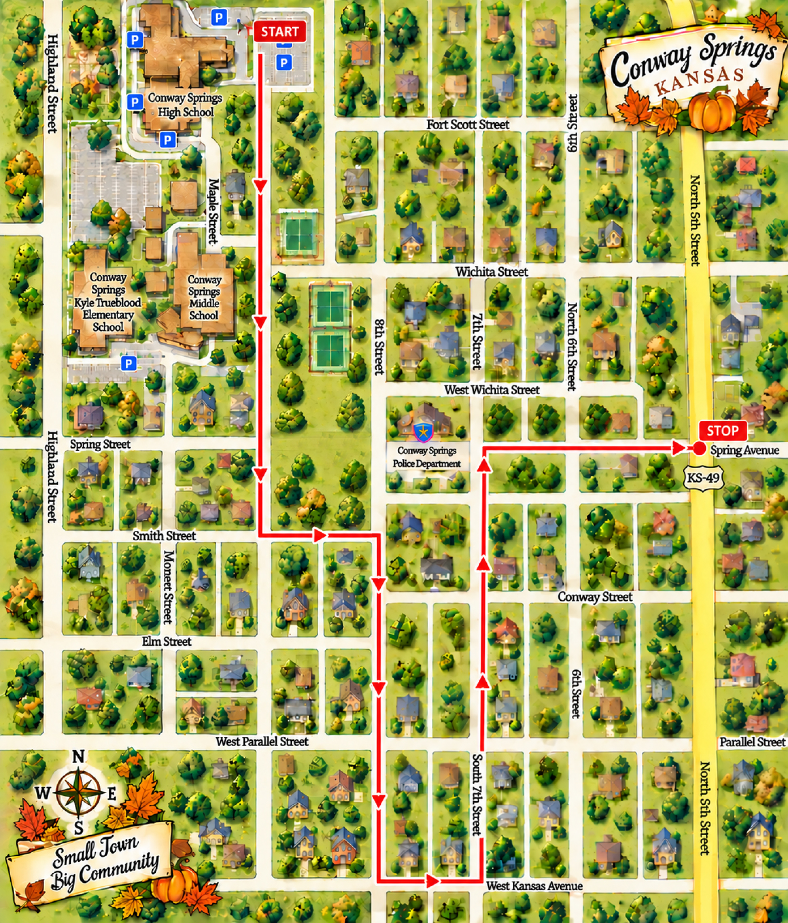 Map of the Conway Springs parade route: starting at the high school parking lot, running south past the middle school and tennis courts, east on Smith Street, south to West Kansas Avenue, then north on South 7th Street and east to finish at Spring Avenue.